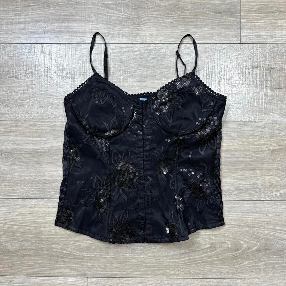 Y2K Ole Ole Black Cami Sequin Floral Embroidery Top Smocked Back Women's Medium - Picture 8 of 9